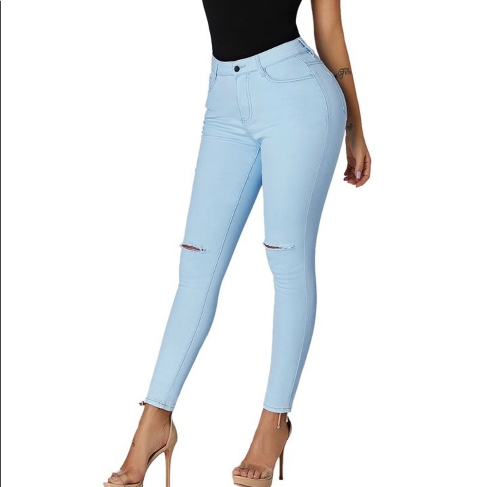 Spring jeans: Blue Stretch Denim Jeans Ripped Knee